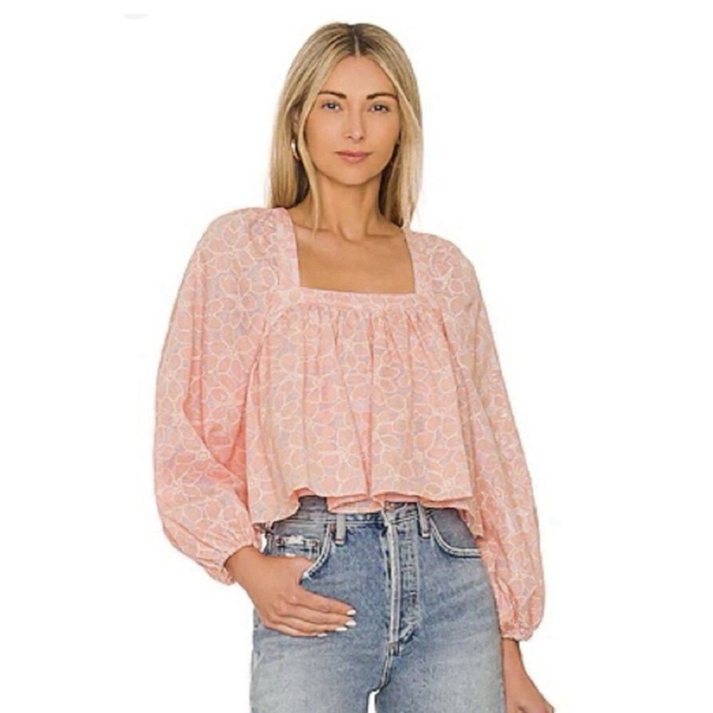 Telarosa Thera Peach Whip NWOT Blouse Sheer Balloon Sleeve Cotton Top Romantic L